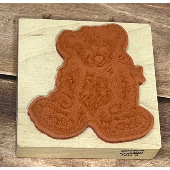 Vintage PSX G-1174 1995 Wood Mounted Rubber Stamp Teddy Bear With Bow & Heart - Picture 2 of 4